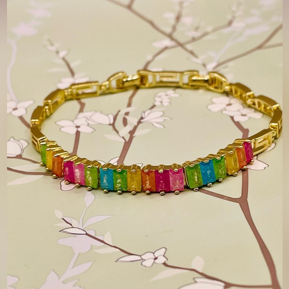 Gold Plated Multicolor Square Gemstone Bracelet w/Greek Design Band. Size 7.5